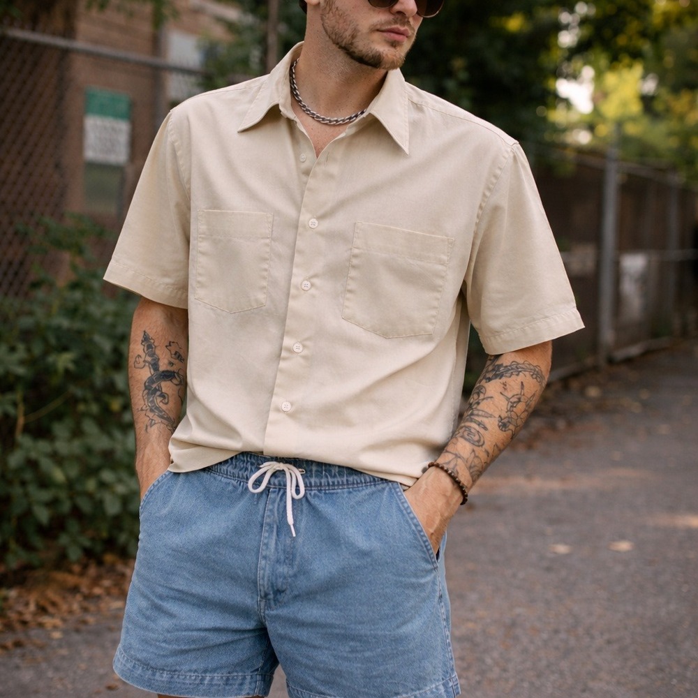 Vintage Sears Perma Prest Shirt Beige Short Sleeve Mens XL 16.5 Made Korea Retro